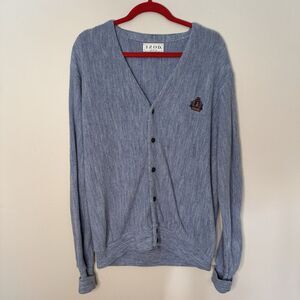 Vintage Izod Crest Blue Cardigan Sweater Made In USA Crest Logo Mens Large